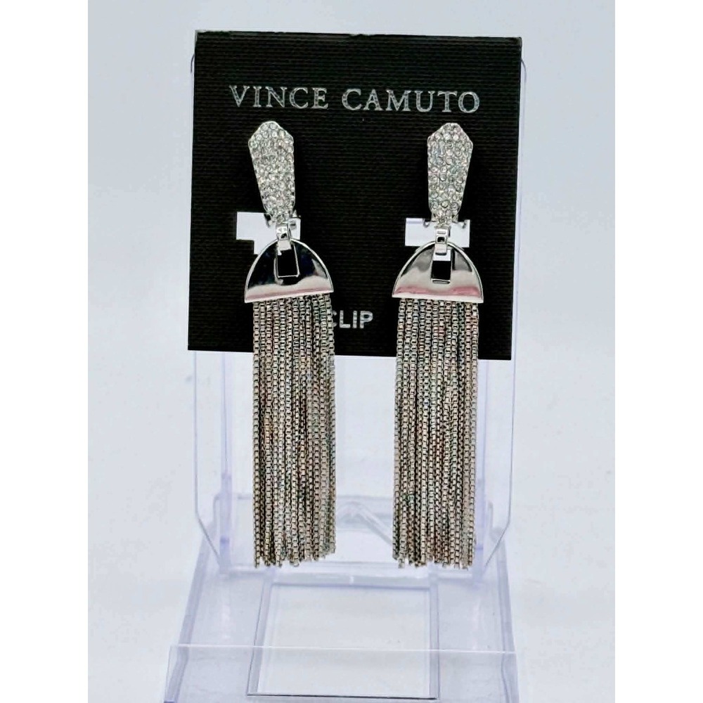 Vince Camuto Rhodium Crystal Fringe Clip On Earrings VJ-400063 Silver Tone Drop